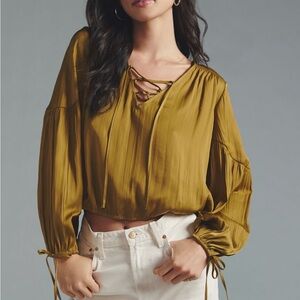 Anthropologie Mustard Lace-Up Blouse